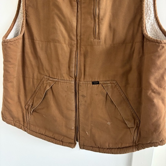 Lee Workwear Mens Vest Tan Canvas Sherpa Fleece Lined Pockets Vintage Wear XL - Picture 3 of 11